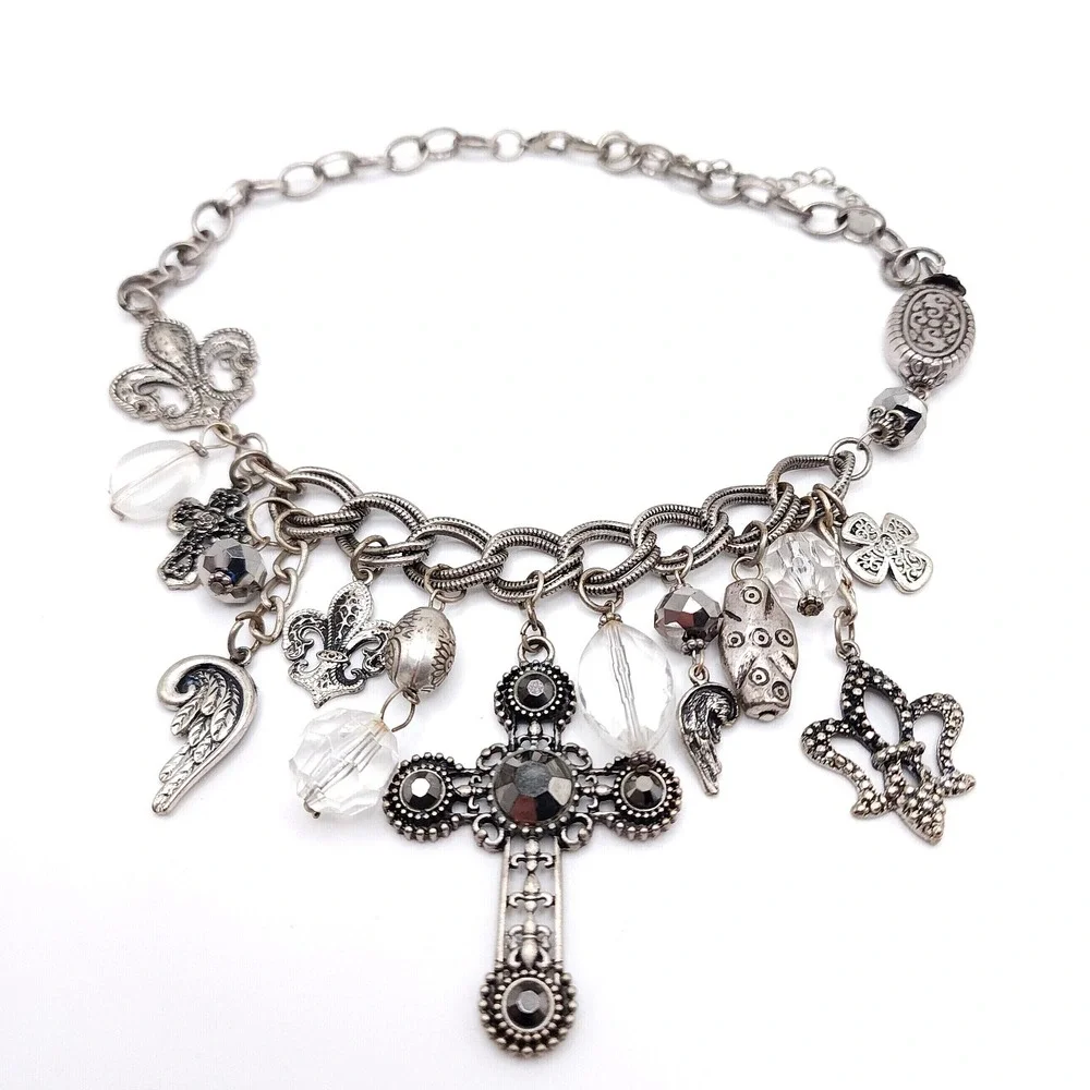 Silver Charm Necklace‎ Cross Rhinestone Fleur De Lis Gothic